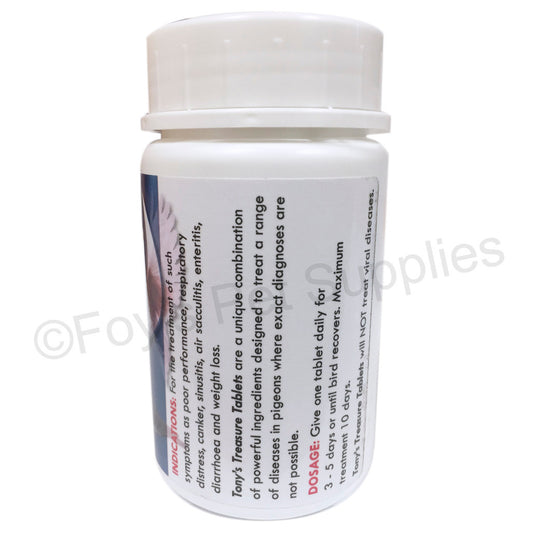 Tony's Treasure Tablet for respiratory disease, canker, sinusitis, air saccultis, enteritis, diarrhea and weight loss.