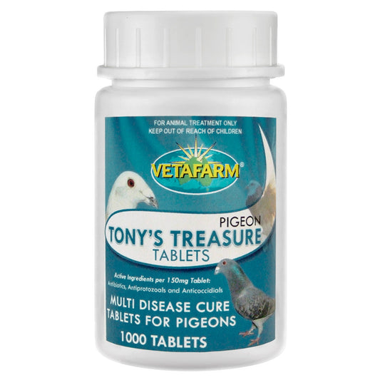 Tony's Treasure Tablet for respiratory disease, canker, sinusitis, air saccultis, enteritis, diarrhea and weight loss.